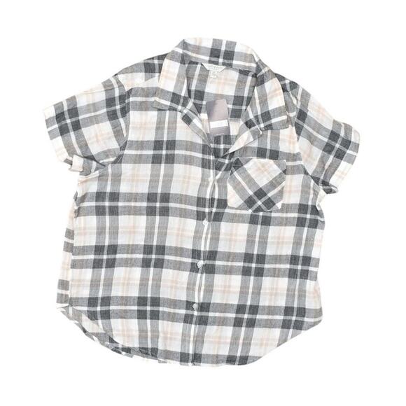 Lucky Brand Black Plaid Button-Up Top Size S Cotton Blend Short Sleeve NWT - Picture 1 of 7